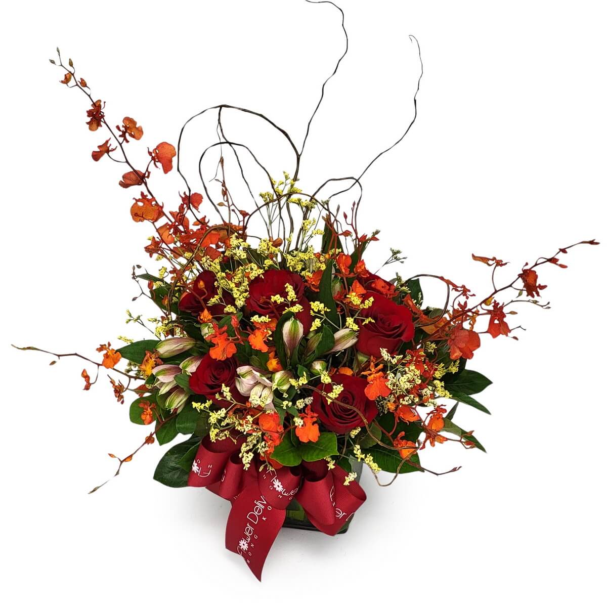 Full table arrangement of red roses, orange orchids, alstroemeria, yellow fillers, greenery, and sculptural branches 紅玫瑰、橙蘭花、小百合、嫩黃襯花及綠葉枝條大型桌花原圖