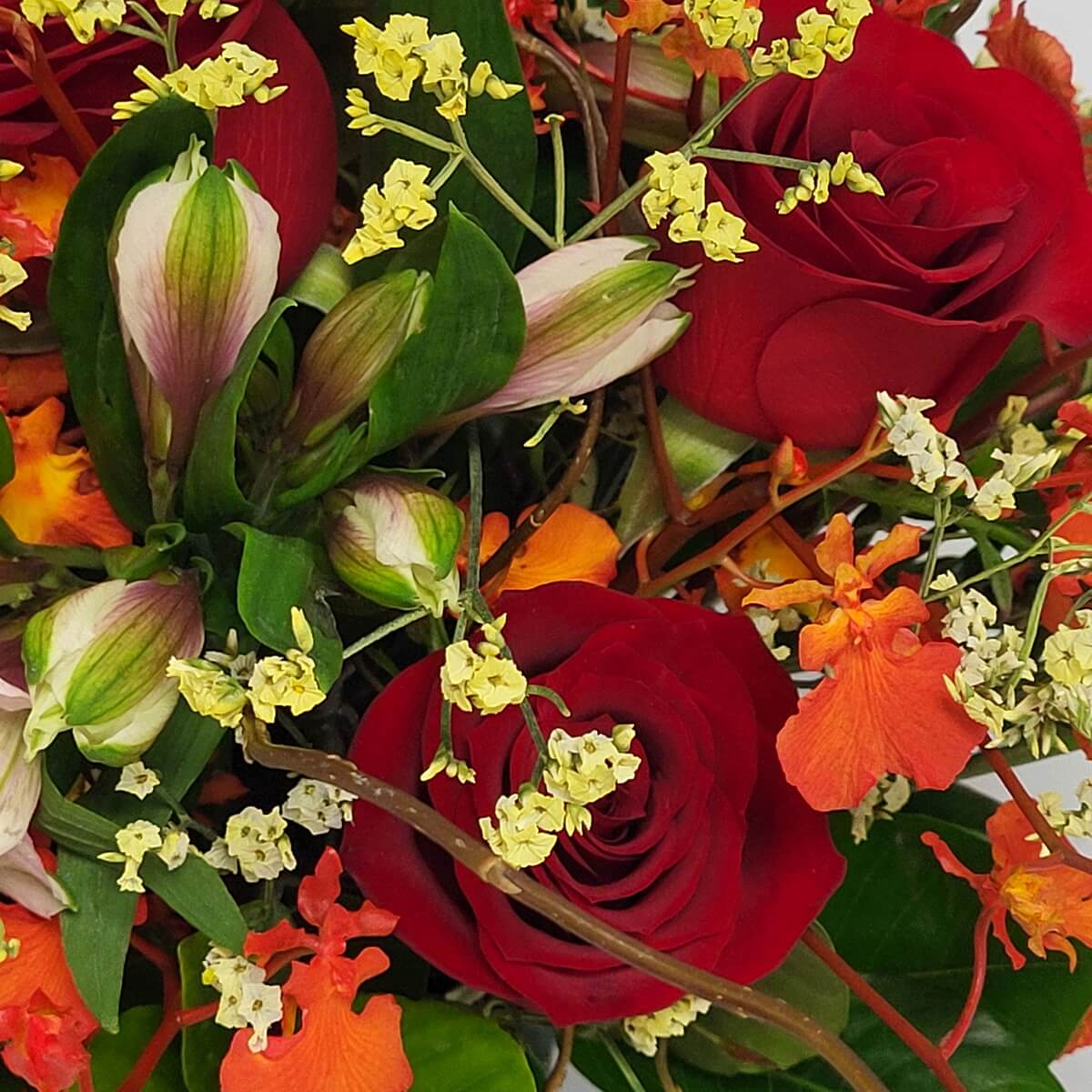 Zoomed-in view of red roses surrounded by pale alstroemeria, vivid orange dancing orchids, and yellow statice blooms 紅玫瑰配以淡六出花、橙跳舞蘭與黃蠟菊的局部特寫畫面