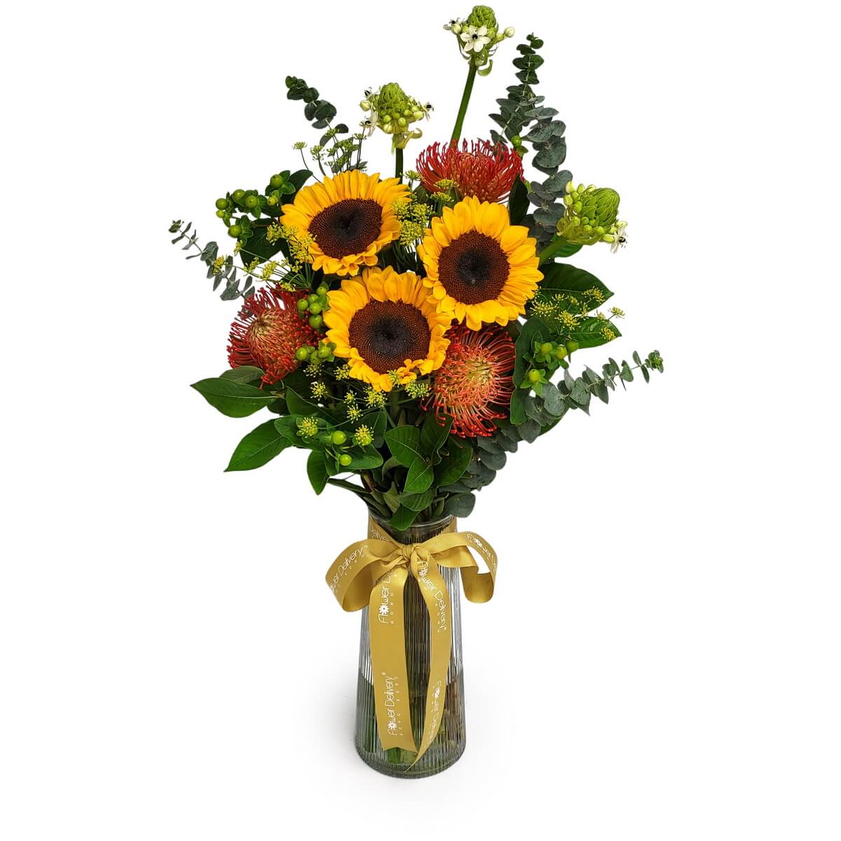 Elegant glass vase with sunflowers, red pincushion proteas, eucalyptus, and white accent flowers 透明條紋玻璃花瓶配太陽花紅針墊花尤加利葉及白花原相展示.