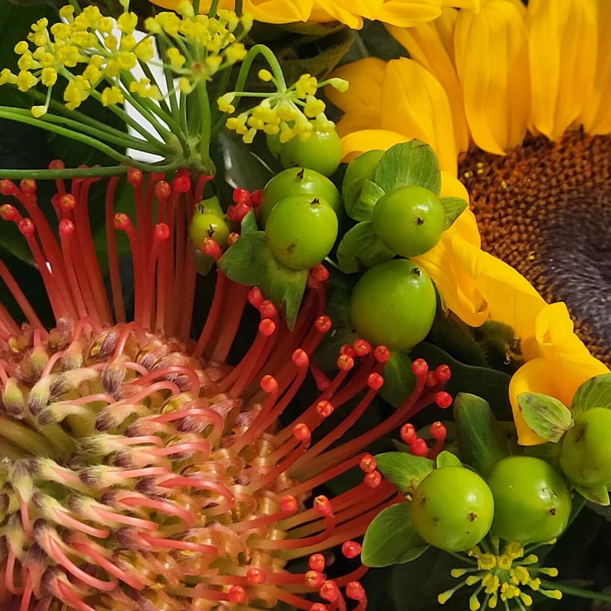 Close-up of bright yellow sunflower petals with orange pincushion protea, green hypericum berries, and delicate dill flowers. 黃色向日葵、橙色針墊花、綠色貝母果與小茴香花的花材特寫。