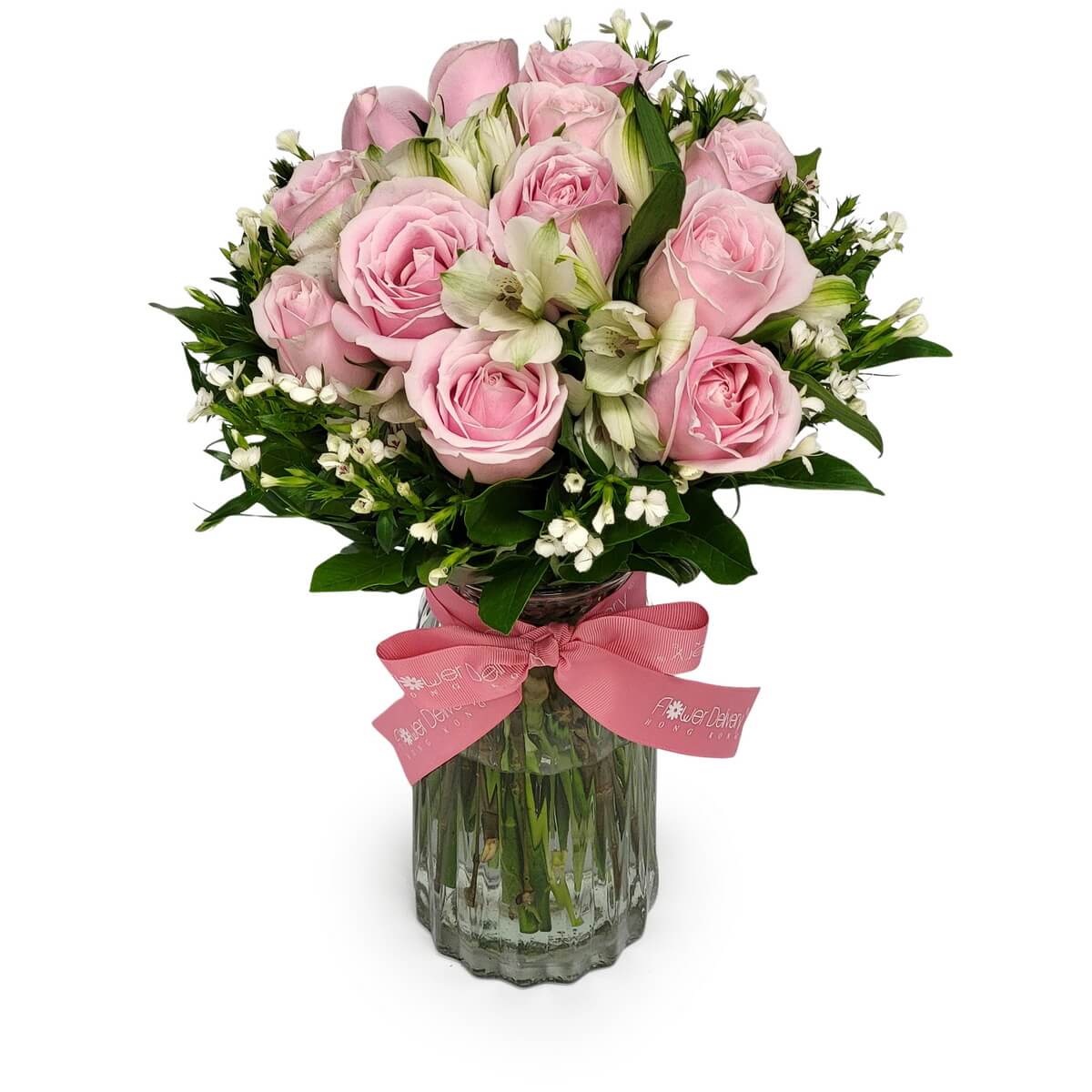 Arrangement of pink roses, pale alstroemeria, and white fillers in a glass vase with pink ribbon - 粉紅玫瑰搭配淡色六出花及白色配花，置於玻璃花瓶中，繫上粉紅絲帶裝飾。