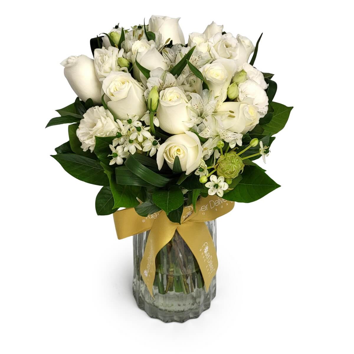 White roses, alstroemeria, carnations, and bouvardia in glass vase with ribbon. 白玫瑰、百合花、康乃馨及五福花配綠葉玻璃花瓶。