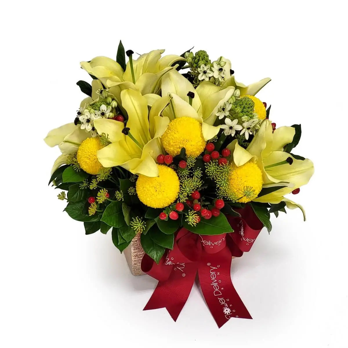 Yellow lilies, bright pompom chrysanthemums, white ornithogalum and red hypericum berries in a box with red ribbon | 黃百合、鮮黃波波菊、白色星花與紅色聖誕果盒裝花束，綴以紅絲帶。