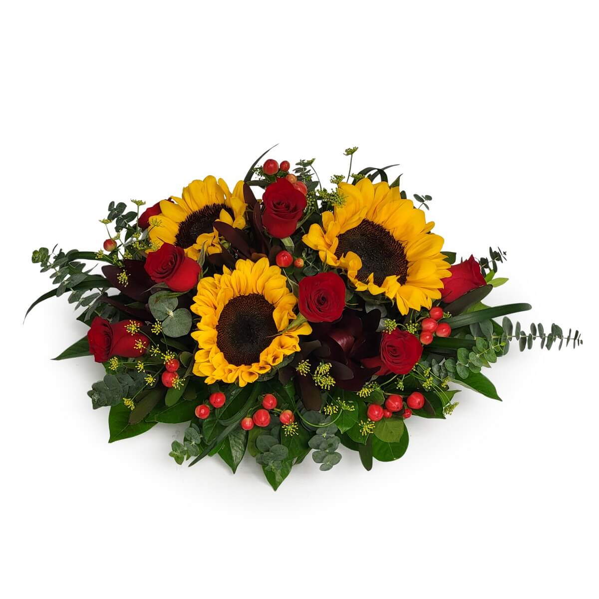 Full arrangement of sunflowers, red roses, red berries, and mixed greenery 向日葵、紅玫瑰、紅果實及綠葉原圖花藝作品