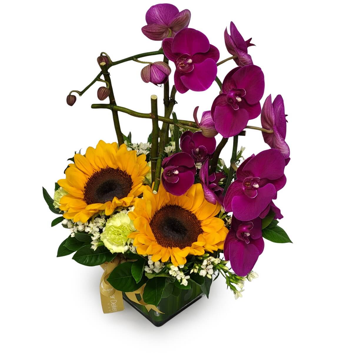 Full arrangement of bright sunflowers, purple phalaenopsis orchids, green carnation and white filler blooms in original photo 明亮向日葵配紫蝴蝶蘭、綠康乃馨及白色小花的完整花藝作品