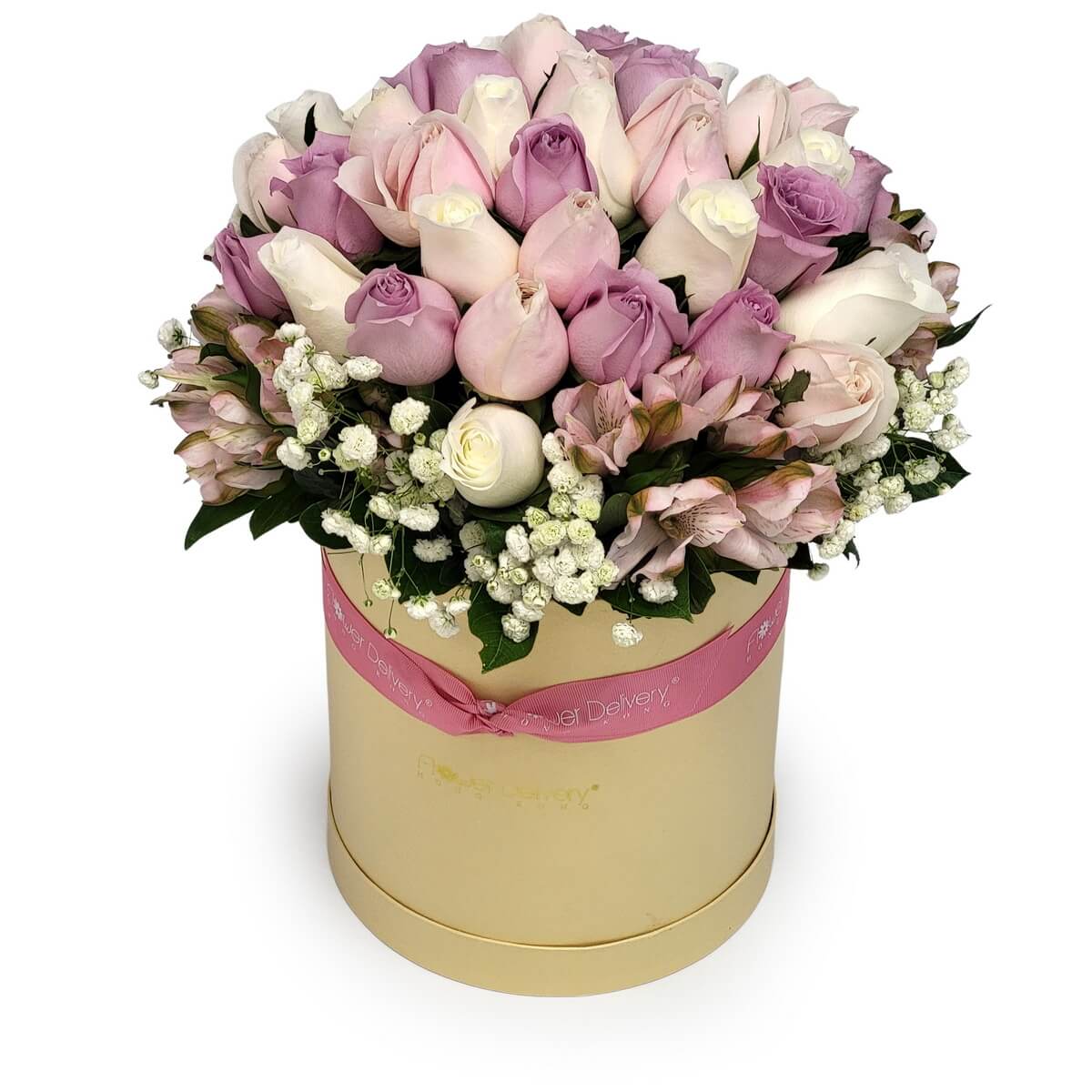 Elegant box of roses in soft pink, purple, and white hues | 柔和粉色、紫色與白玫瑰搭配滿天星與綠葉，花盒精緻大方，傳遞浪漫祝福，適合各種節慶與紀念日。