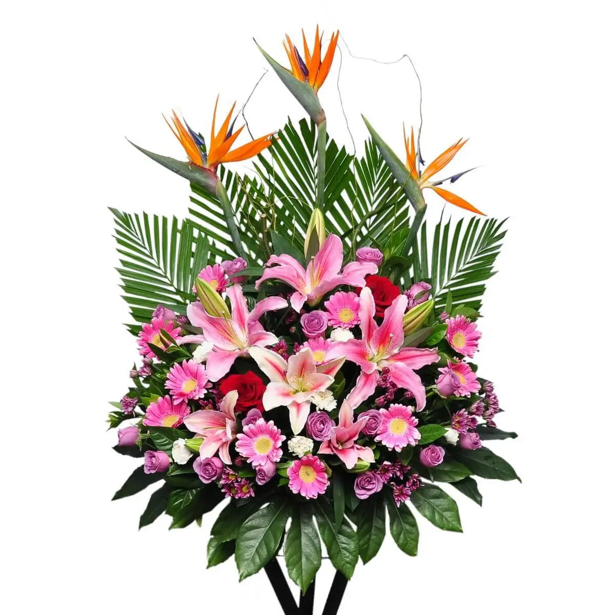 Vertical floral stand with pink lilies, bird of paradise, gerberas, red and lavender roses, and tropical foliage | 粉百合、天堂鳥、紅與紫玫瑰、玫紅非洲菊組合的企身花牌，熱帶葉材層次分明。