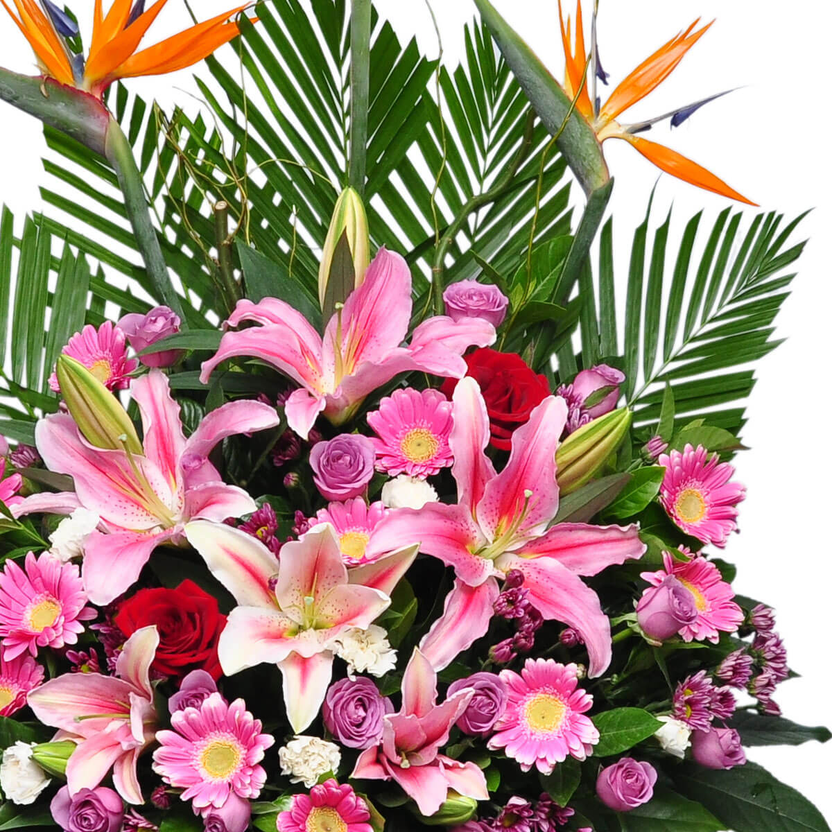 Lush bouquet featuring pink lilies, pink gerberas, purple and red roses, and orange birds of paradise – 粉色百合、太陽菊、紫紅玫瑰與橘色天堂鳥組成的繁盛花藝