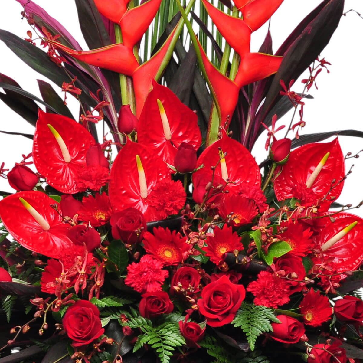 Vibrant red bouquet featuring anthuriums, roses, carnations, and heliconias, arranged with lush greenery – 火鶴花、紅玫瑰、康乃馨與天堂鳥，搭配茂盛綠葉的鮮豔紅色花藝