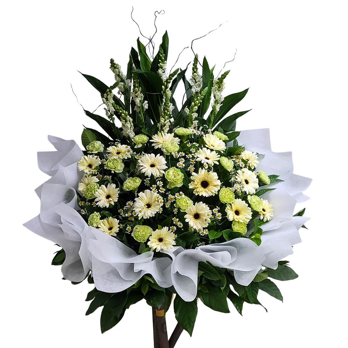 Full standing arrangement of yellow gerberas, green carnations, and chamomile daisies with greenery and white trim 淡黃太陽花、青康乃馨、洋甘菊及綠葉白邊大型悼念花牌原圖
