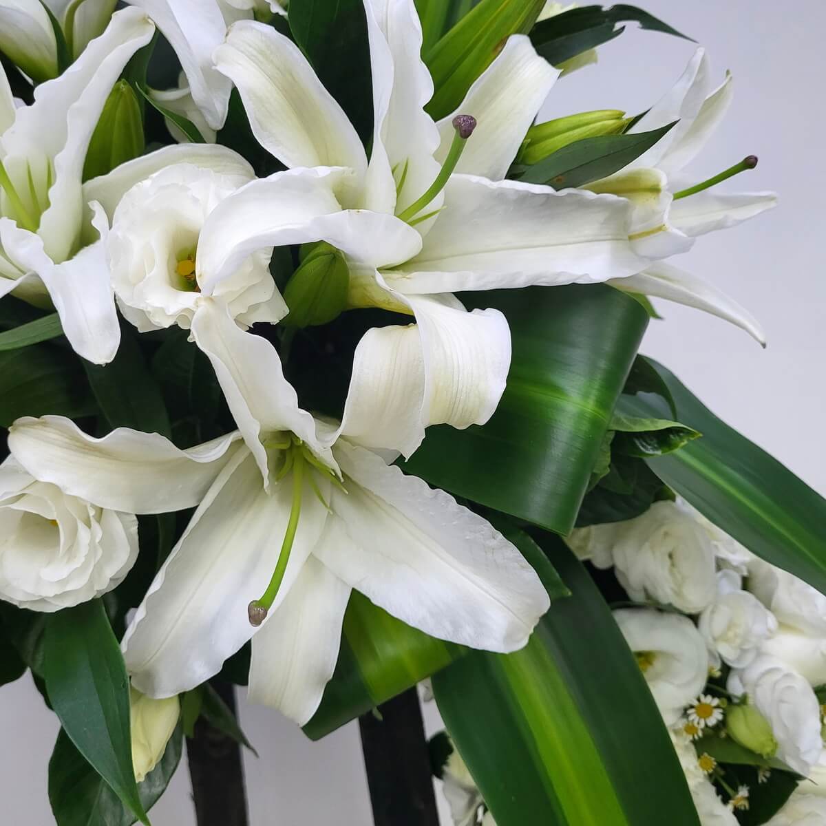 Close-up of floral arrangement with large white lilies, lisianthus, and structured tropical greenery as part of a wreath design - 花圈特寫：白百合盛放配洋桔梗及寬幅熱帶綠葉構圖清晰