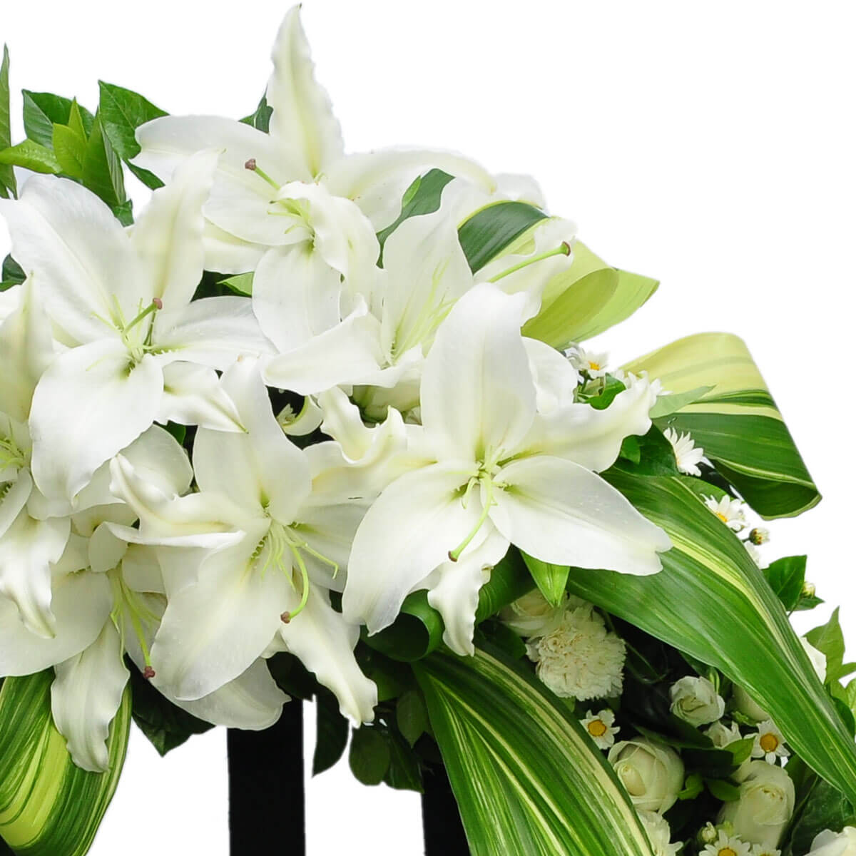 A solemn funeral wreath adorned with elegant white lilies, roses, daisies, and lush green foliage – 莊嚴悼念花圈以優雅白百合、玫瑰、雛菊與茂密綠葉裝飾