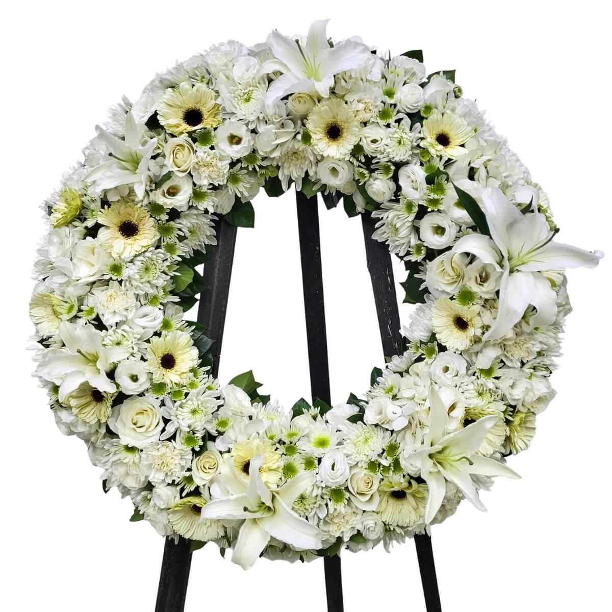 White condolence wreath with lilies, gerberas, roses, chrysanthemums and eustoma in original photo 白色百合非洲菊玫瑰菊花洋桔梗花圈原相