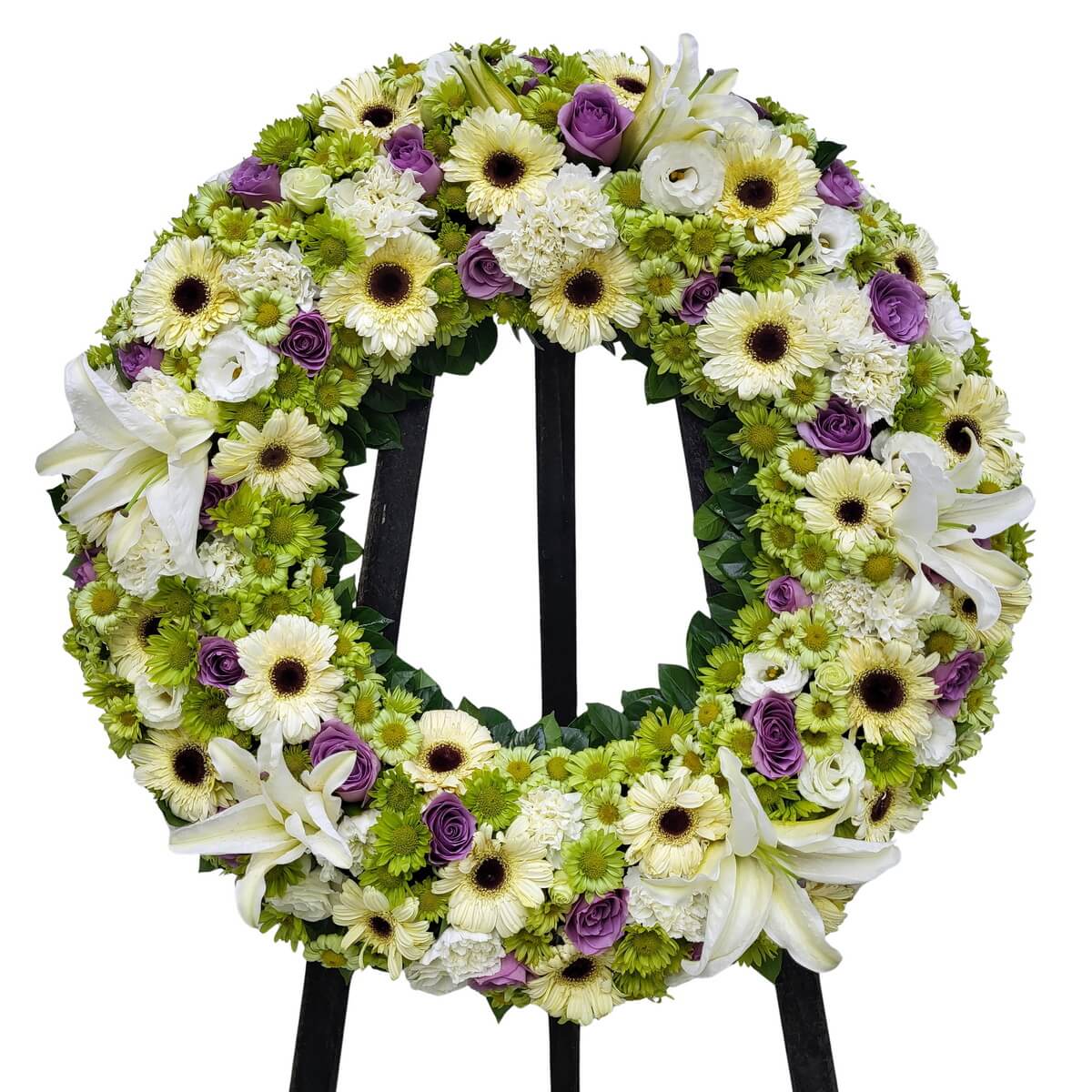 Full view funeral flower stand featuring white gerbera, lilies, lisianthus, green button chrysanthemums and purple roses - 非洲菊、百合、洋桔梗及紫玫瑰白事花牌