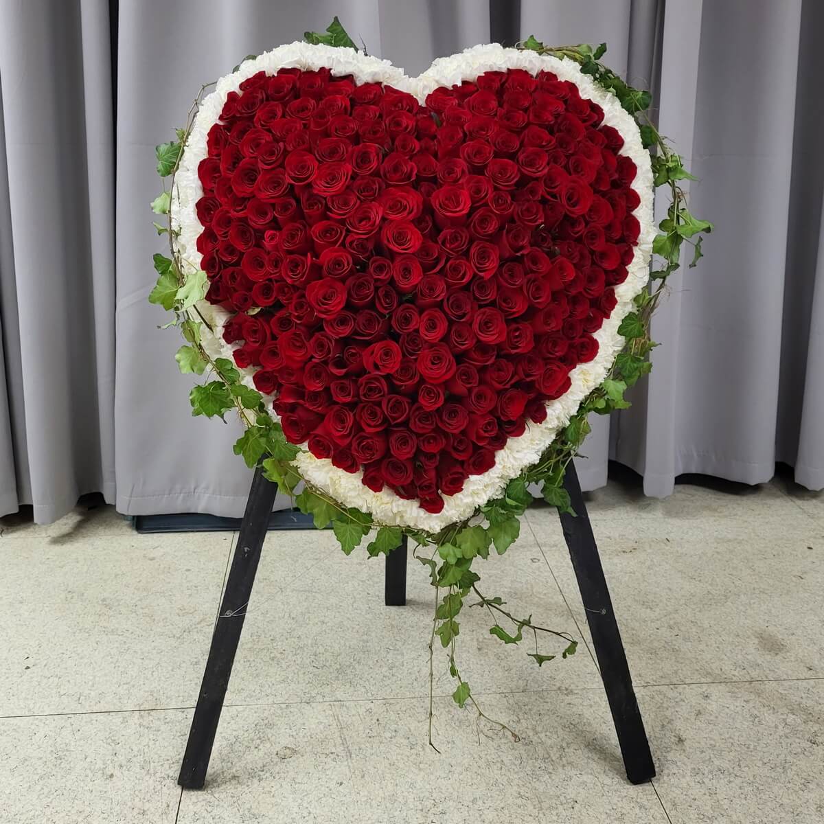 Heart-shaped standing floral arrangement of tightly clustered red roses framed by white roses and cascading ivy accents - 紅玫瑰密集心形花牌，白玫瑰圍邊，配垂墜長春藤裝飾