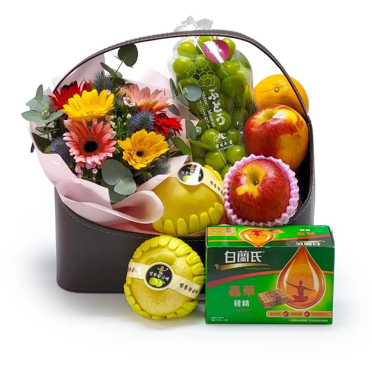 Hamper with colorful gerbera bouquet, Korean pears, apples, green grapes, citrus fruits, and cordyceps chicken essence gift box | 精緻禮籃配太陽花花束、韓國香梨、蘋果、青提子、柑橘及白蘭氏蟲草雞精，豐富實用兼具美感。