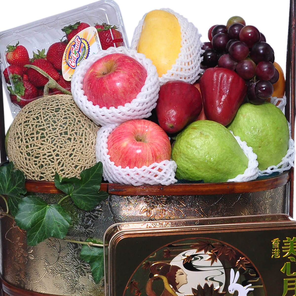 Luxury Mid-Autumn fruit basket with golden tin, featuring Hokkaido melon, apples, mango, guavas, grapes, wax apples, strawberries – 豪華中秋水果籃附金色禮盒，內含北海道哈密瓜、蘋果、芒果、番石榴、葡萄、蓮霧與草莓