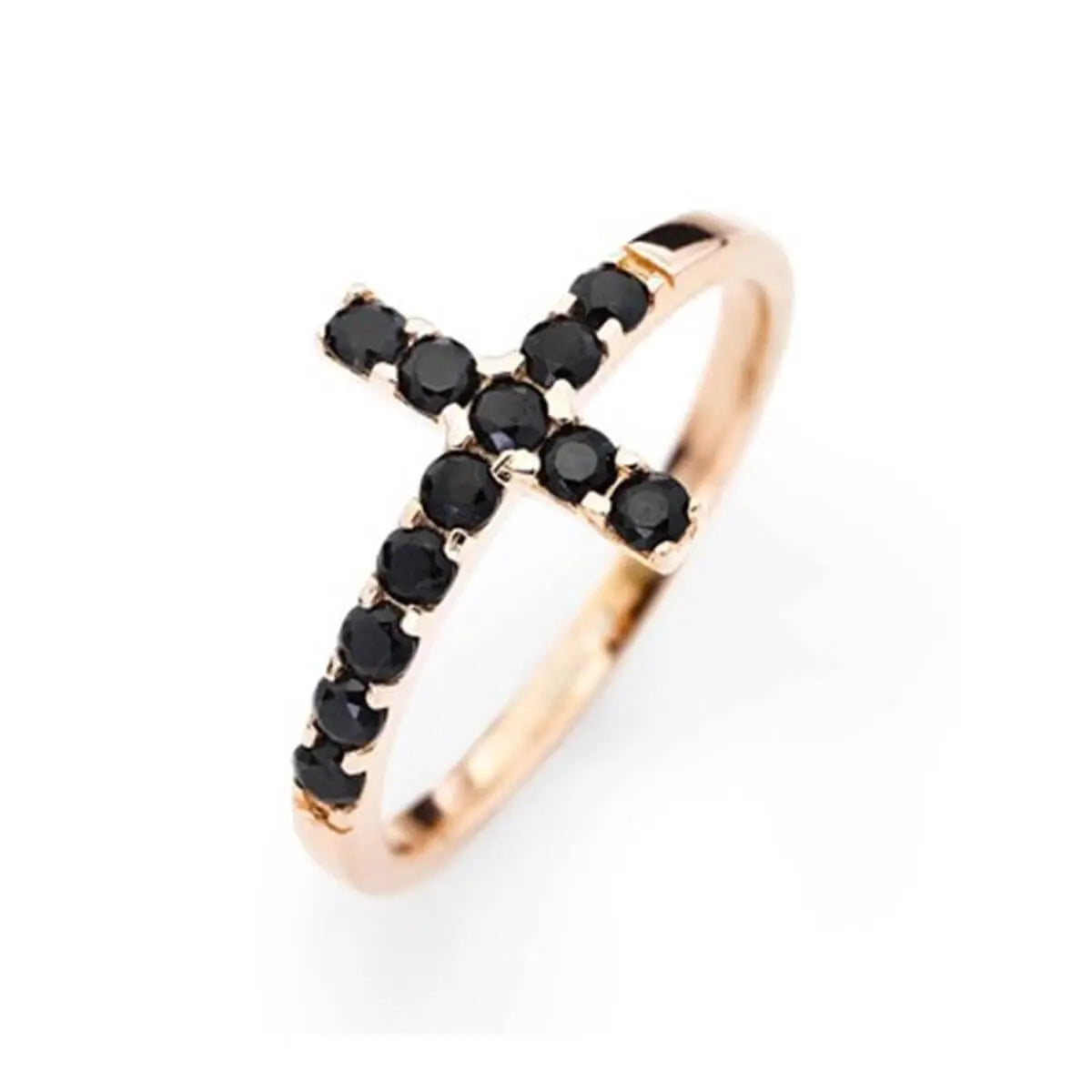 Slim rose gold ring featuring a cross design made of black round-cut stones, arranged along the band and cross shape - 玫瑰金幼身戒指，鋪有黑色圓形寶石構成十字圖案，造型獨特。