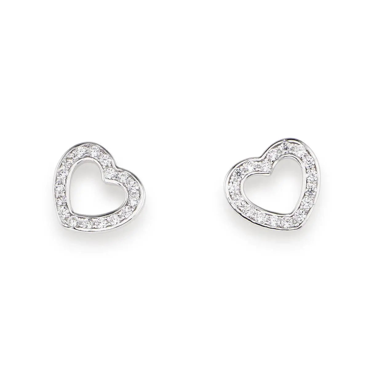 Silver stud earrings featuring open heart shapes, each bordered with clear pavé-set crystals on polished metal - 銀色心形耳釘設計，鏤空輪廓鑲有閃爍水晶，造型優雅精緻。