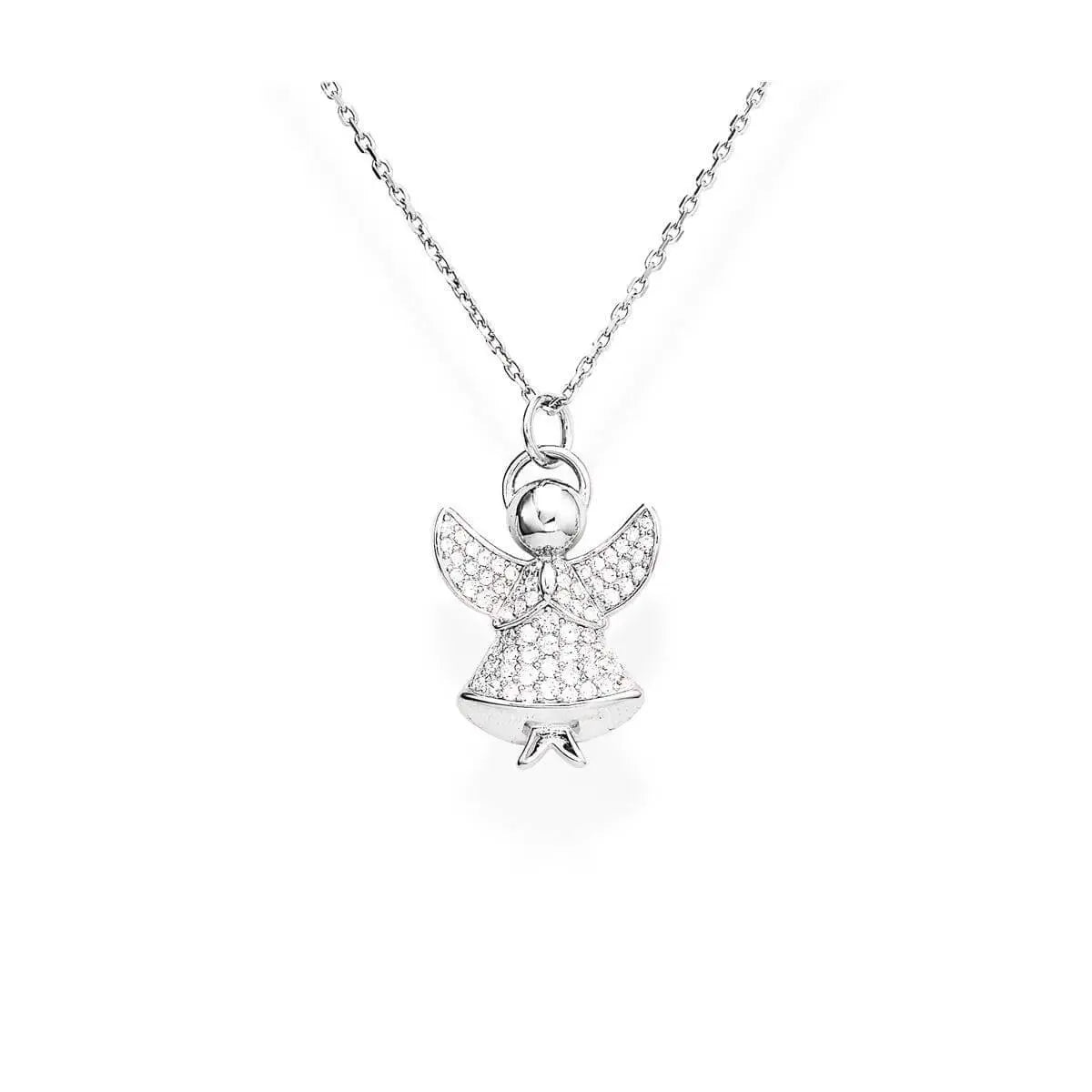 Angel pendant necklace in silver, featuring pavé-set clear crystals on wings and skirt, hung on a fine silver chain - 銀色天使造型吊墜項鍊，翅膀與裙身鑲滿閃爍水晶，搭配幼細銀鏈。