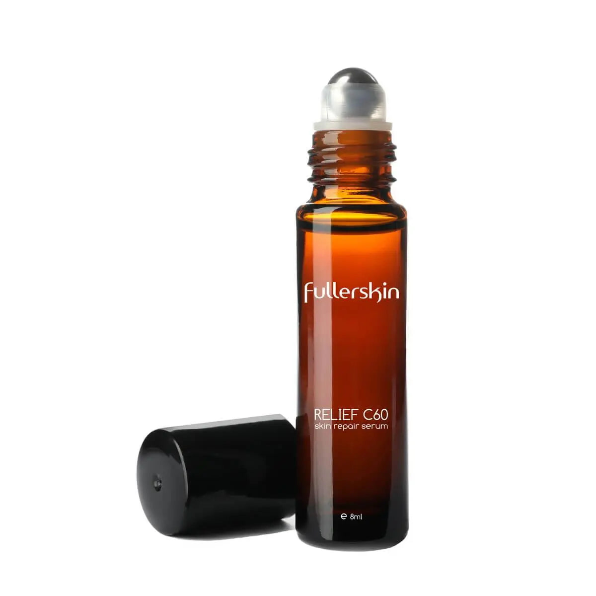 Fullerskin Relief C60 serum in amber 8ml roll-on bottle with metal applicator and black cap, designed for skin repair | Fullerskin Relief C60 修護精華，8毫升琥珀色玻璃滾珠瓶，配金屬滾珠與黑色瓶蓋，針對肌膚修護設計。