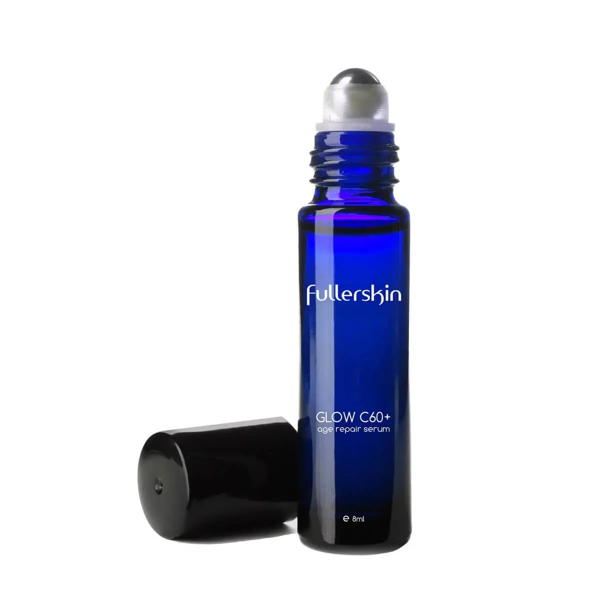 Fullerskin Glow C60+ anti-aging roll-on serum in a cobalt blue bottle with silver roller applicator and black cap, 8ml | Fullerskin Glow C60+ 抗衰老修護精華，8毫升深藍色滾珠瓶配銀色滾珠頭及黑色瓶蓋。