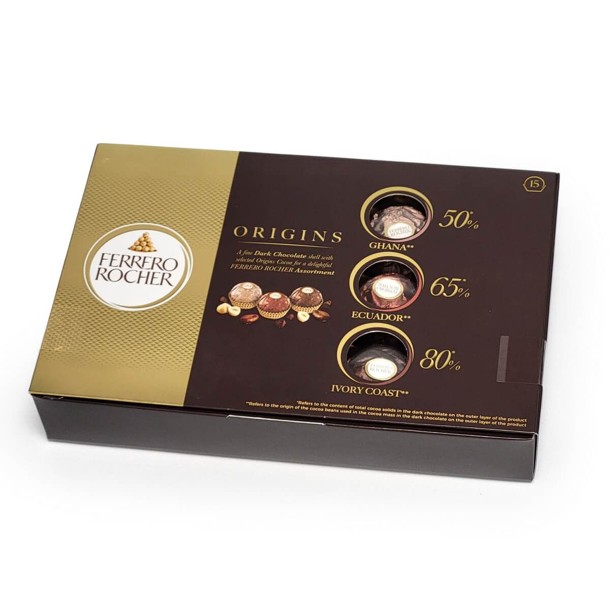 Ferrero Rocher Origins dark chocolate assortment featuring Ghana 50%, Ecuador 65%, and Ivory Coast 80% cocoa truffles - 費列羅黑朱古力拼裝禮盒，展示三款可可產地濃郁風味。
