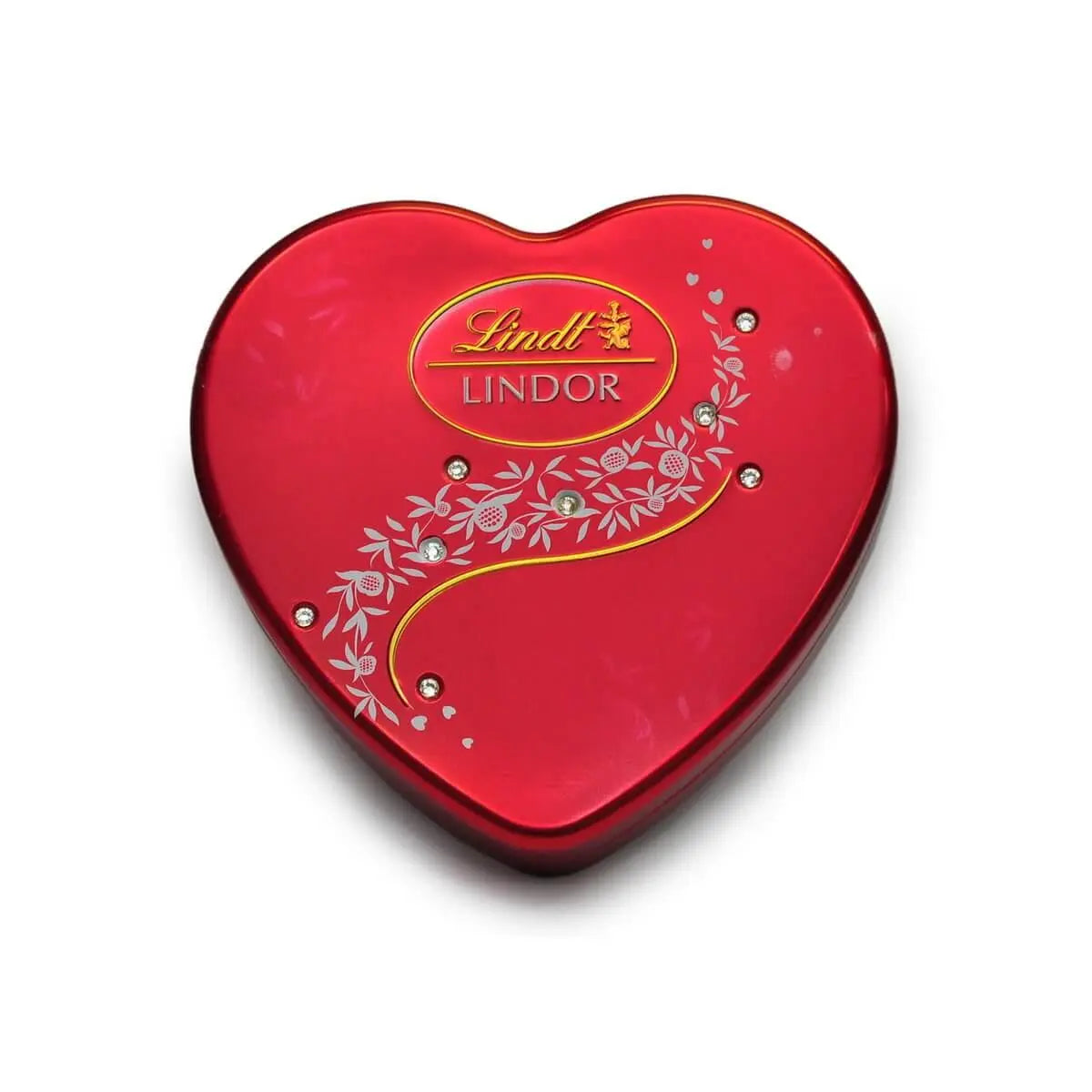 Lindt Lindor red heart-shaped tin with floral silver and gold design, containing assorted truffles - Lindt Lindor 心形紅色鐵盒，飾以銀花與金邊圖案，內藏多款朱古力球，適合送禮。