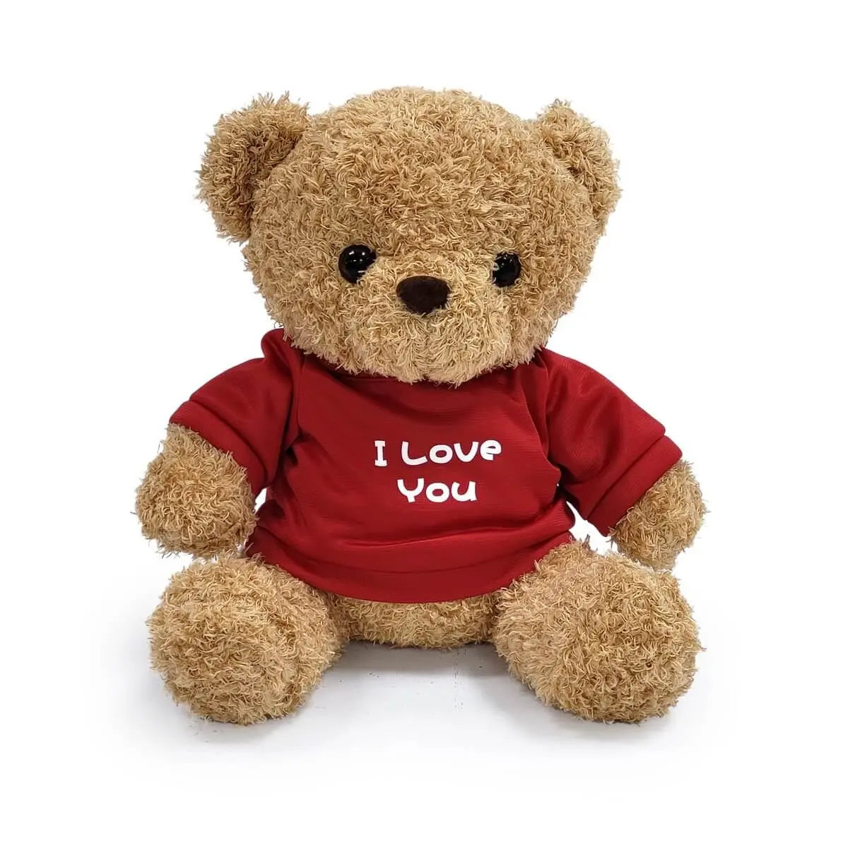 Soft brown teddy bear wearing a red shirt with white "I Love You" lettering | 啡色毛絨熊穿紅色T恤，白字寫上 "I Love You"，造型甜美溫馨。