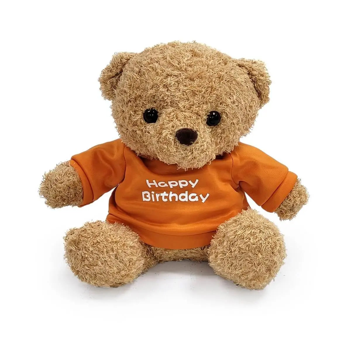 Seated brown plush teddy bear with curly texture, dressed in orange T-shirt printed with white "Happy Birthday" text | 啡色絨毛熊坐姿設計，穿橙色T恤，印有白色生日祝福字句 "Happy Birthday"。