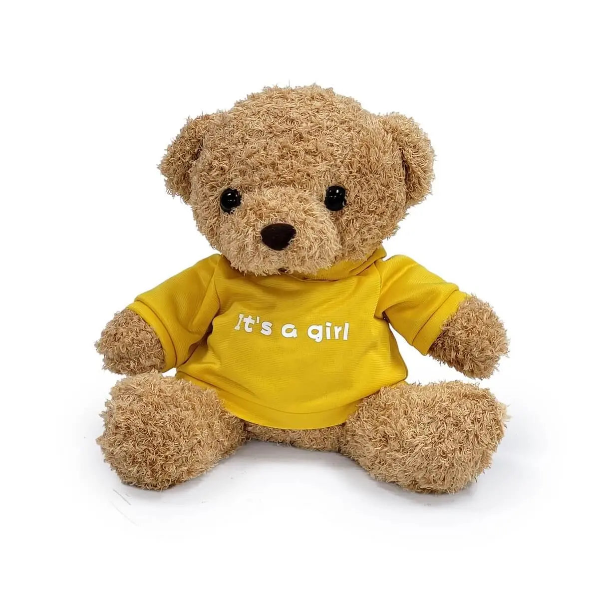Soft brown teddy bear dressed in bright yellow T-shirt featuring white "It's a girl" wording | 啡色毛絨熊穿亮黃色T恤，印有白色 "It's a girl" 字樣，造型可愛。