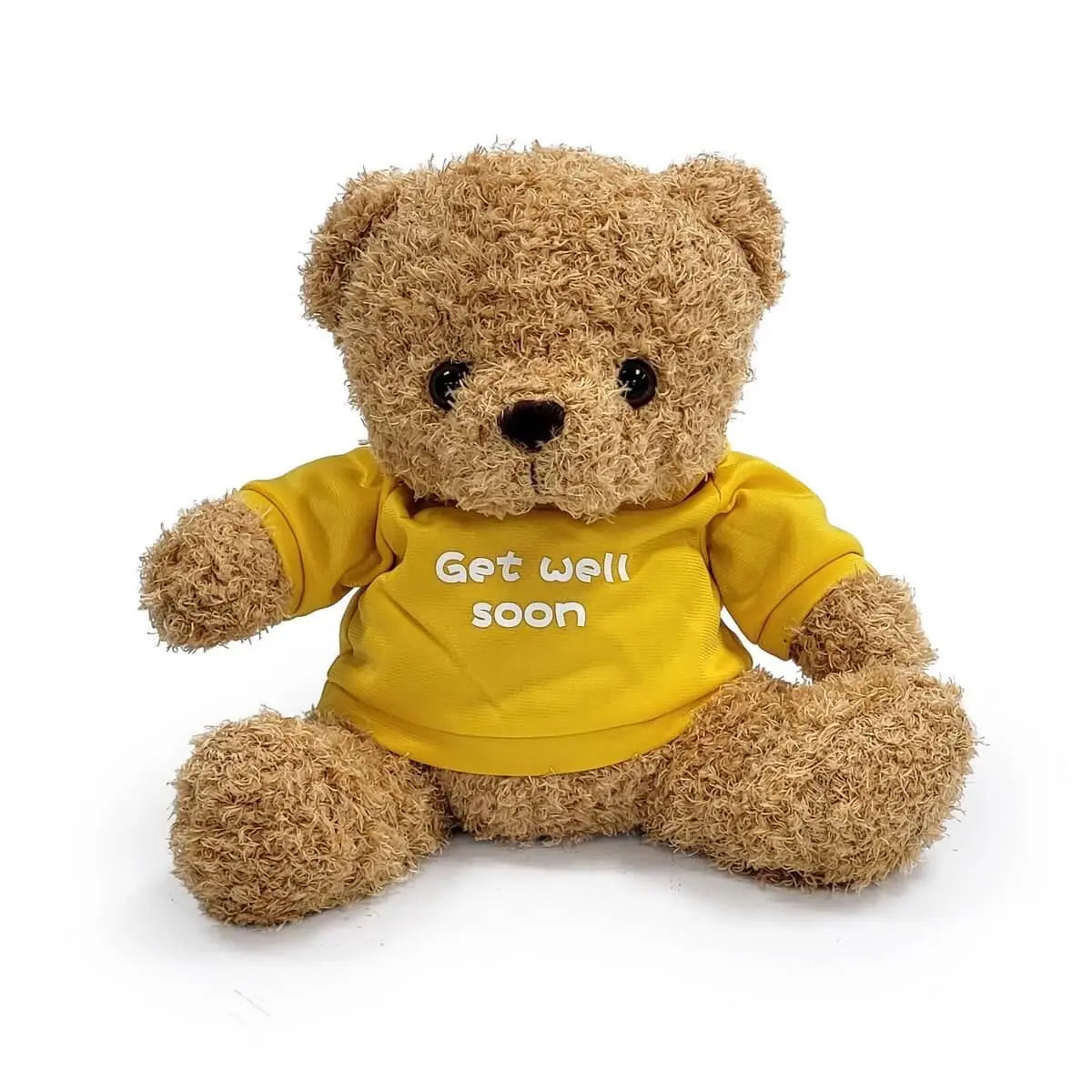 Curly brown plush teddy bear in bright yellow T-shirt with white "Get well soon" text, soft texture and seated pose | 啡色絨毛熊穿鮮黃色T恤，印有白字 "Get well soon"，柔軟毛絨質感，坐姿設計。