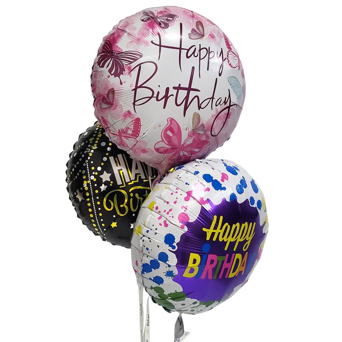 Three birthday foil balloons in original photo featuring pink butterfly design, black-gold star pattern and colourful paint-splash style 三款繽紛生日鋁膜氣球 原相拍攝