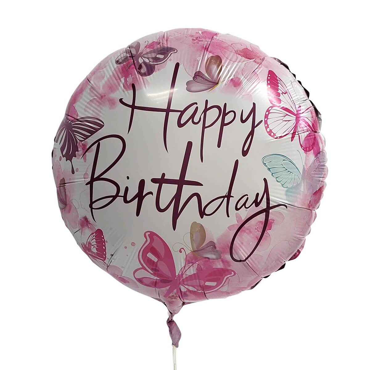 Pink butterfly themed ‘Happy Birthday’ foil balloon, round shape with floral accents 粉紅蝴蝶主題生日鋁膜氣球，圓形設計配花卉點綴