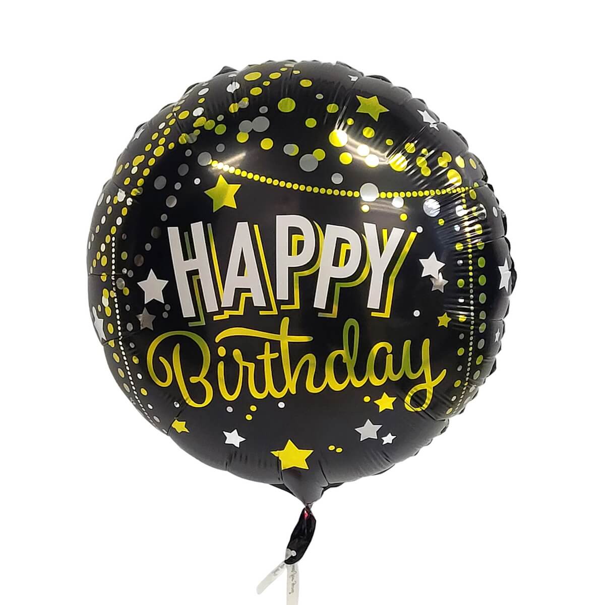 Black ‘Happy Birthday’ foil balloon with yellow and silver stars and confetti 黑色生日鋁膜氣球，配黃色及銀色星星和點點裝飾