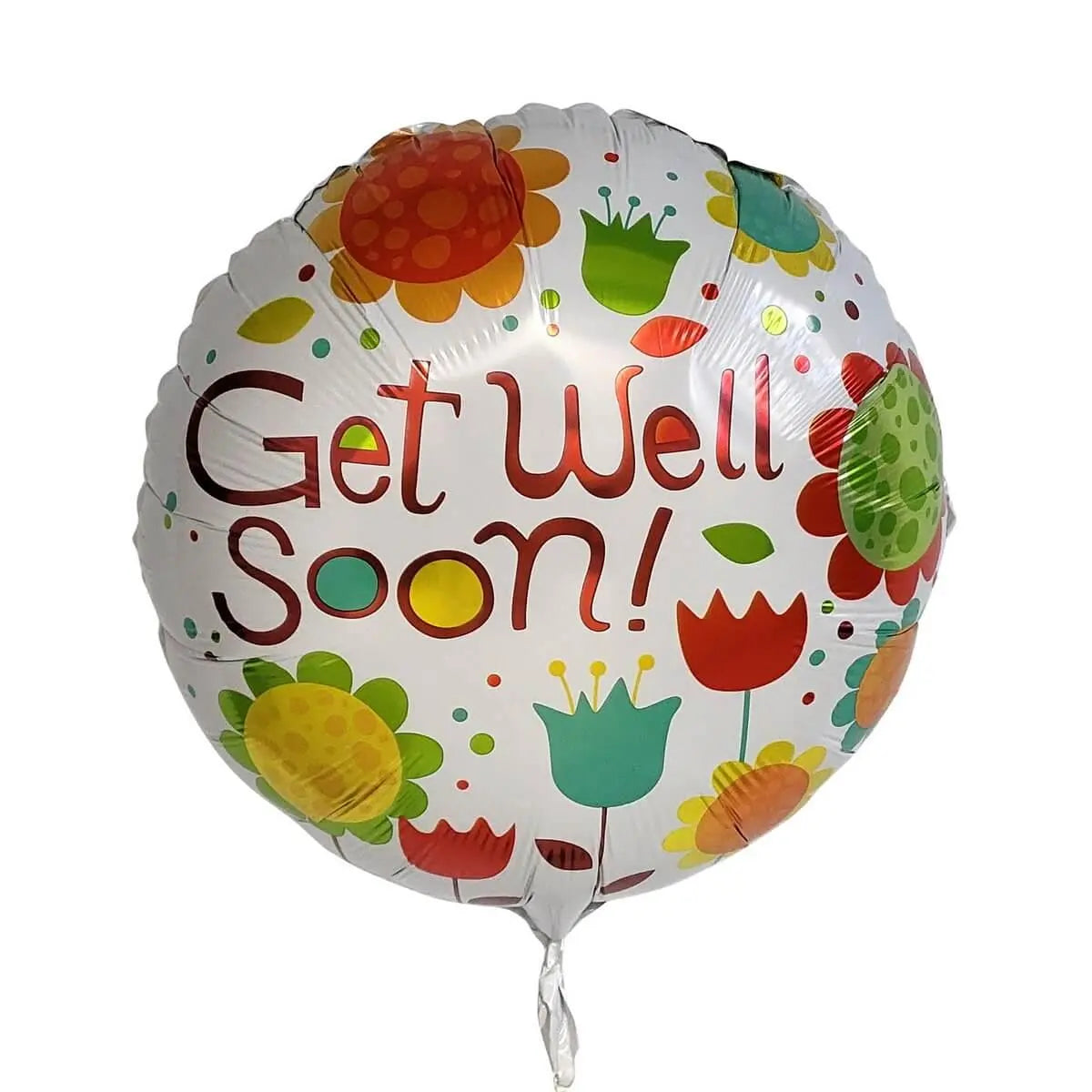 Foil balloon in white with vibrant tulip and daisy graphics, featuring bold "Get Well Soon!" lettering | 白色鋁膜氣球印有鮮艷鬱金香與雛菊圖案及顯眼紅字 "Get Well Soon!"。
