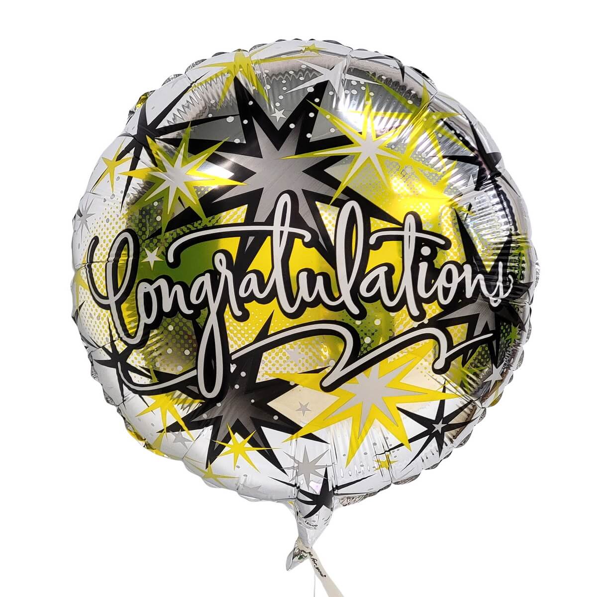 Round foil balloon with “Congratulations” text and silver-yellow starburst design. 圓形鋁膜氣球，印有 “Congratulations” 及銀黃色星爆圖案。