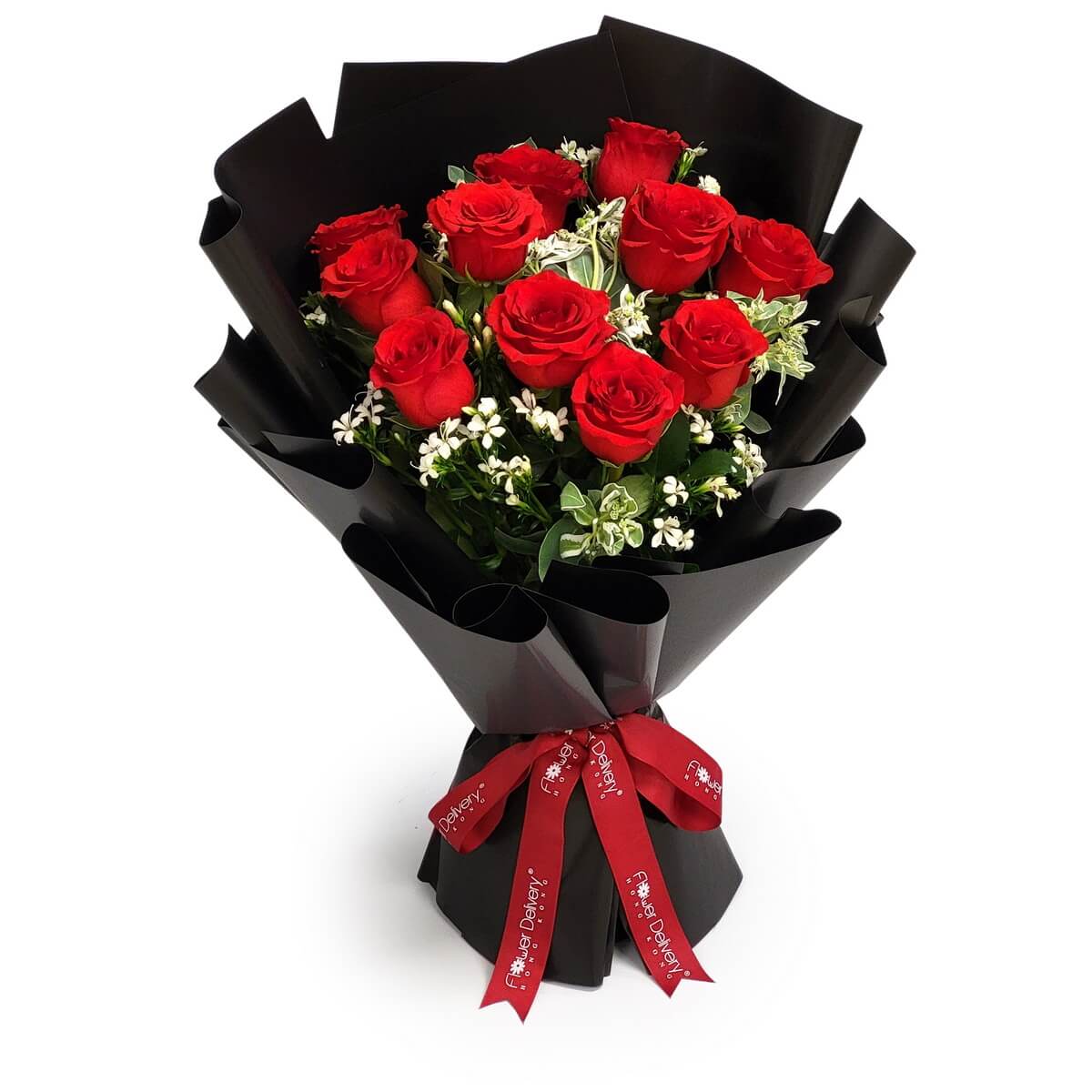 Elegant bouquet of vivid red roses, surrounded by white accent flowers and variegated greenery, wrapped in glossy black paper with red ribbon | 鮮紅玫瑰花束，配白色小花與斑葉，黑色包裝紙襯以紅色絲帶。