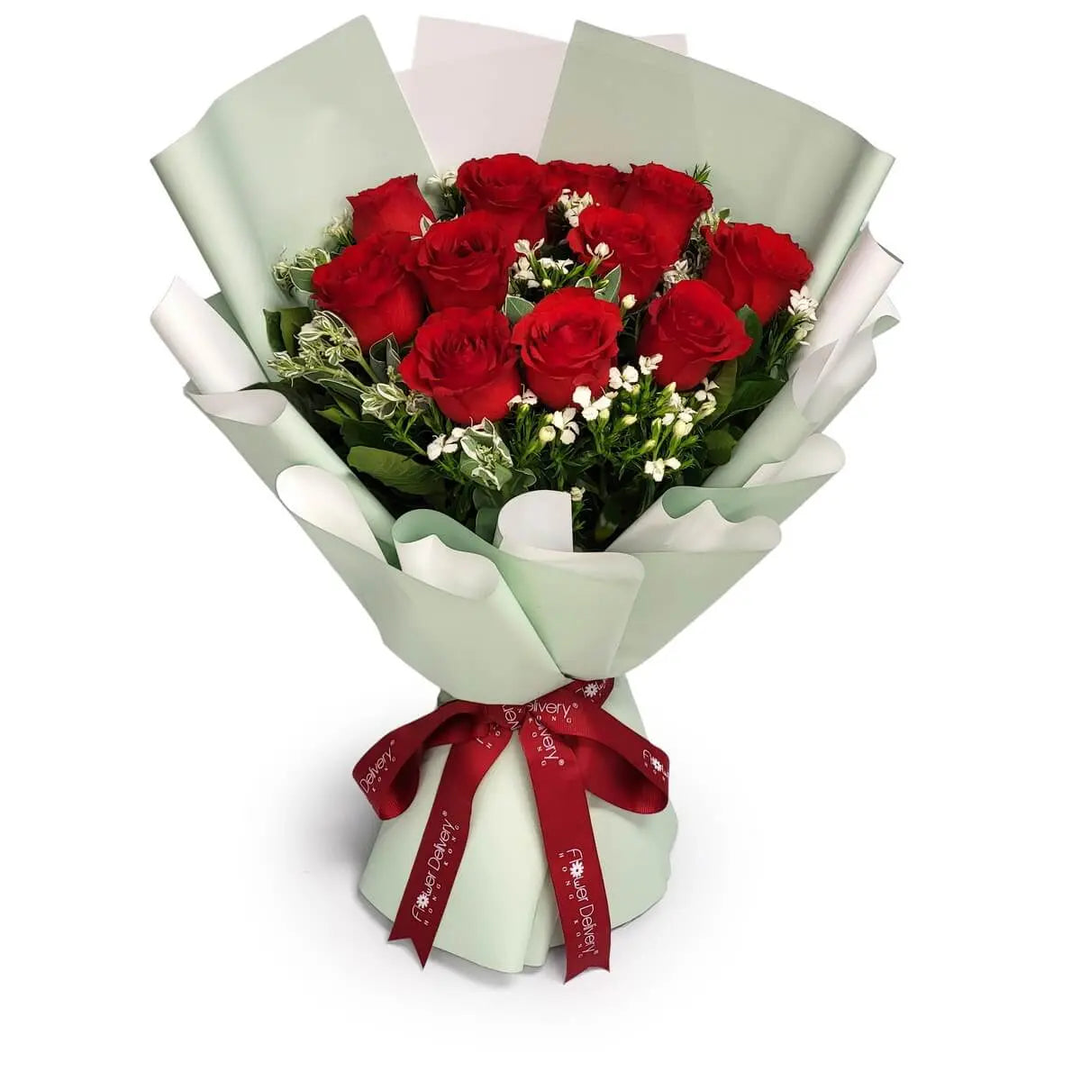 Twelve vibrant red roses accented with white star-shaped filler flowers and glossy greenery, wrapped in mint-white layers and tied with deep red ribbon | 十二枝紅玫瑰配白色小花及亮綠葉，薄荷綠與白色包裝層次分明，綁以酒紅蝴蝶結絲帶