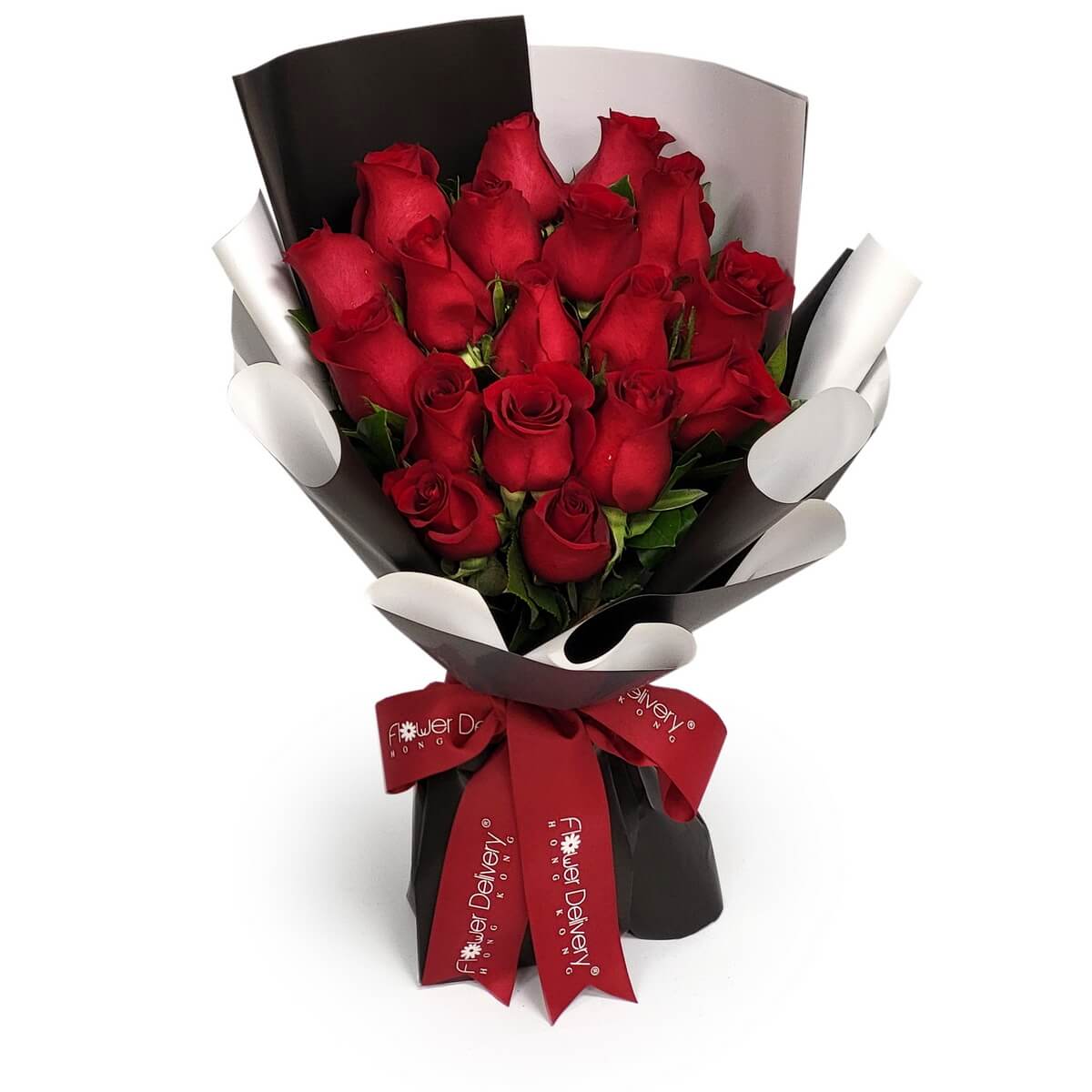 Elegant bouquet of red roses with white accent flowers and variegated foliage in glossy black wrap | 鮮紅玫瑰襯白花與斑葉，配光滑黑色包裝紙與紅色絲帶裝飾