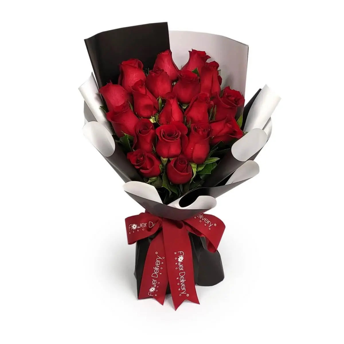 Elegant bouquet of red roses with white accent flowers and variegated foliage in glossy black wrap | 鮮紅玫瑰襯白花與斑葉，配光滑黑色包裝紙與紅色絲帶裝飾