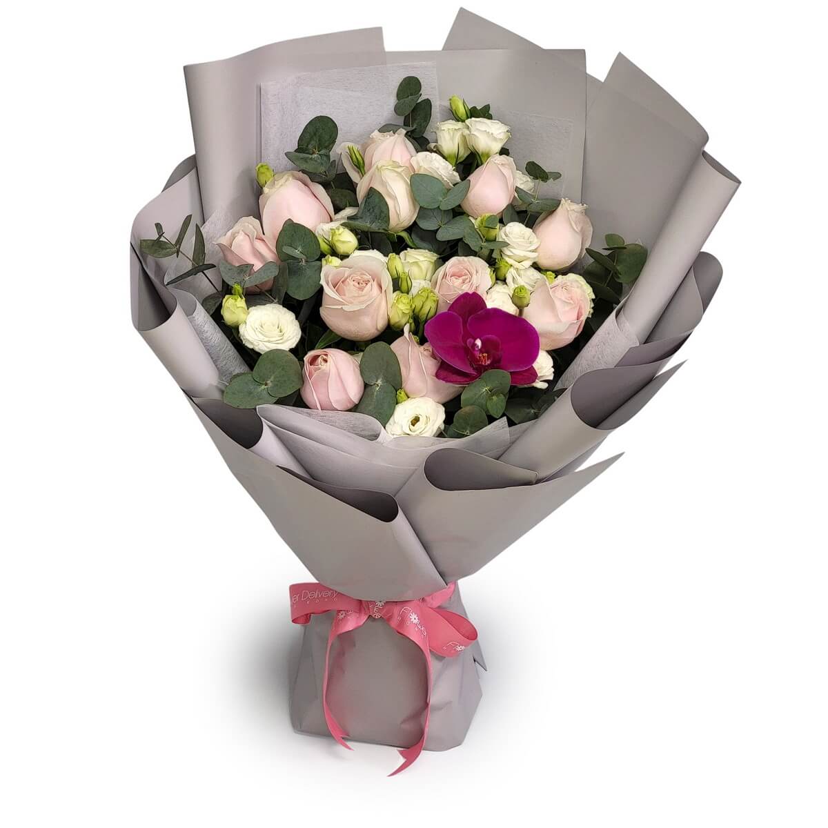 Hand-tied bouquet of pale pink roses, white lisianthus, fuchsia orchid and eucalyptus leaves - 手綁粉紅玫瑰、白洋桔梗、洋紫蘭及尤加利葉花束