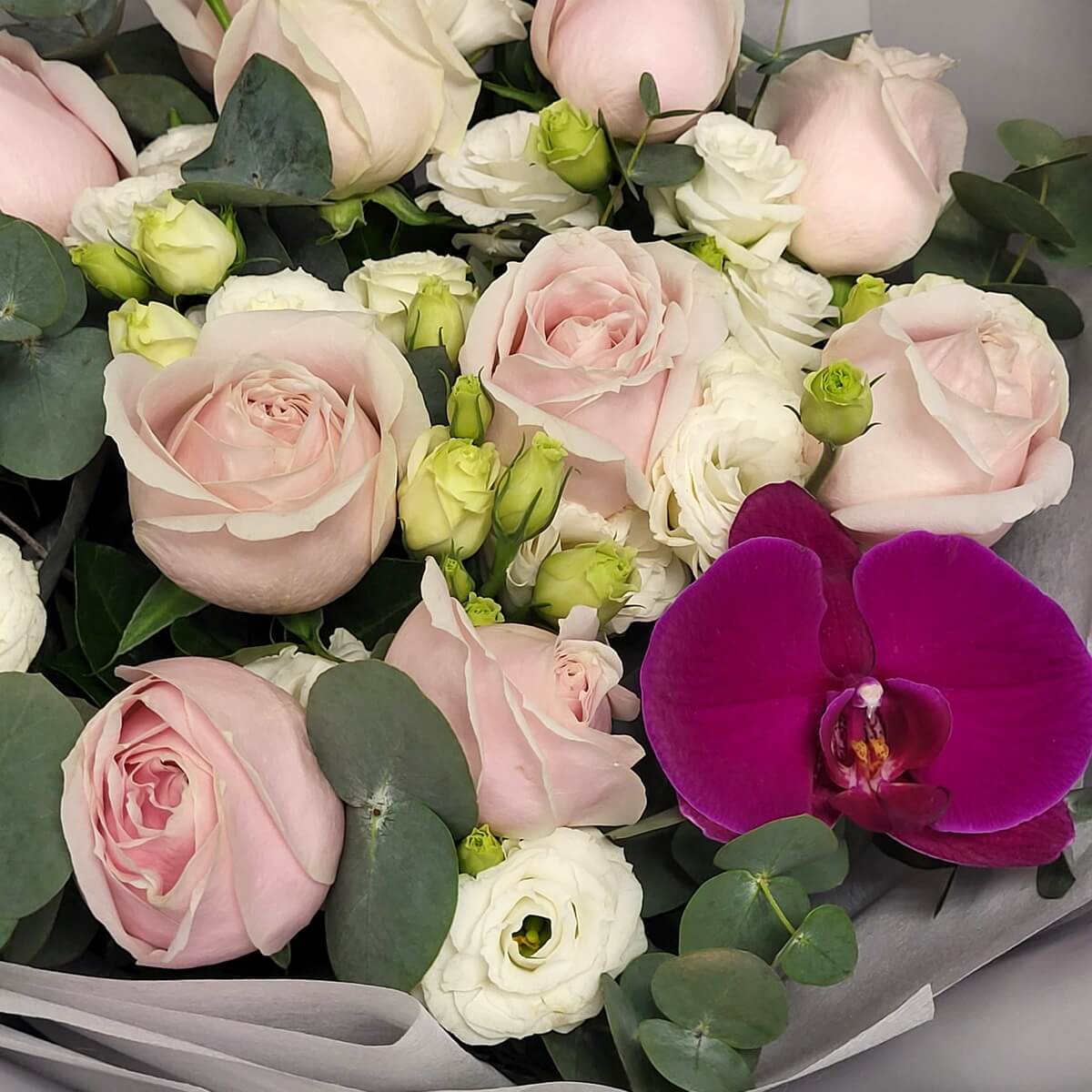 Detail view showing soft pink roses, creamy white lisianthus, green rosebuds, a deep fuchsia orchid and round eucalyptus foliage - 粉紅玫瑰、白洋桔梗、綠色玫瑰花苞、深紫紅洋紫蘭及圓形尤加利葉細節圖