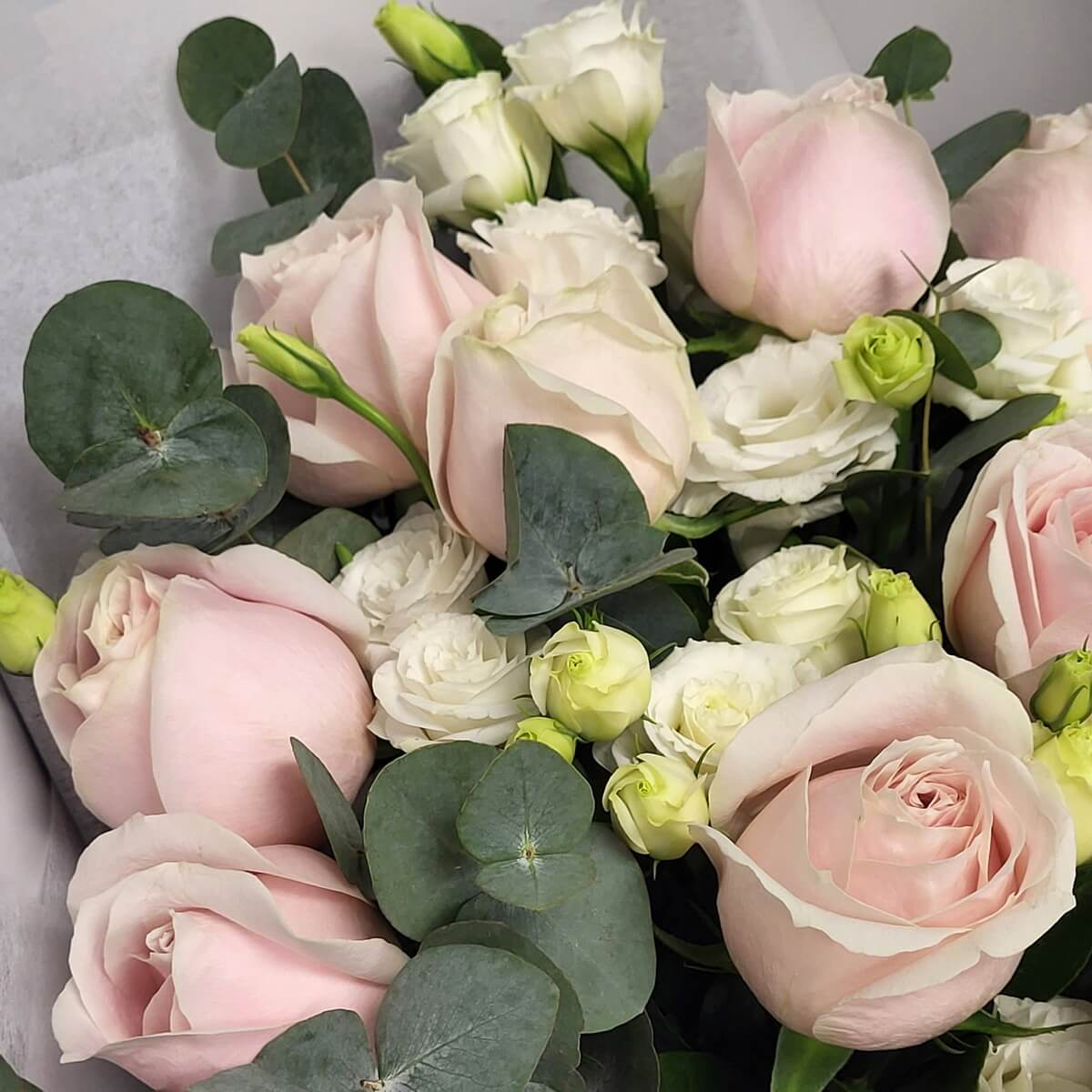 Zoomed-in view of blush pink roses, creamy white lisianthus, light green rosebuds and rounded eucalyptus leaves - 粉紅玫瑰、白洋桔梗、淡綠玫瑰花苞及圓形尤加利葉放大圖
