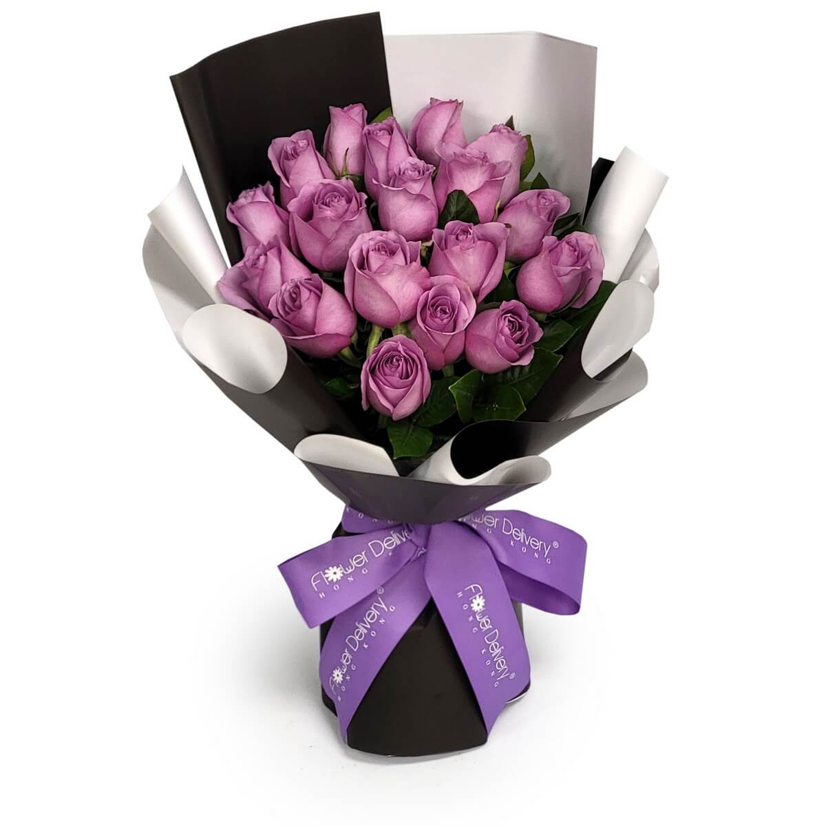 Elegant bouquet of lavender roses with fresh green foliage, arranged in sleek black and white wrapping and tied with a lavender satin ribbon | 薰衣草紫玫瑰配清新綠葉，包裹於黑白對比包裝紙中，以絲質紫色絲帶收束，典雅別緻。