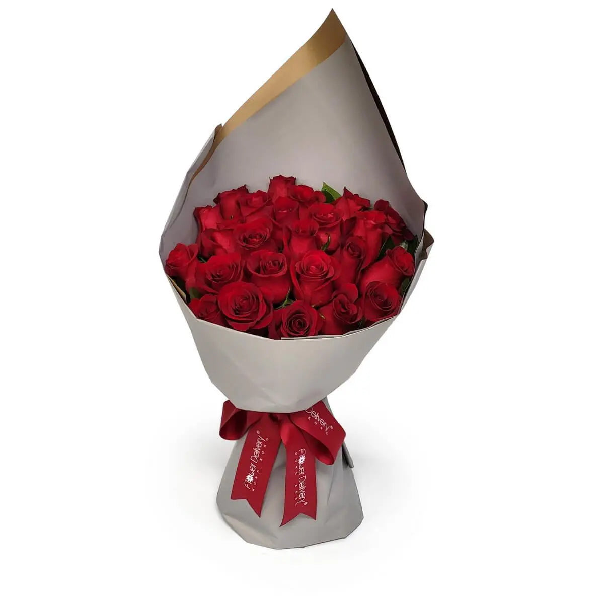 Abundant bouquet of vibrant red roses with lush green foliage, elegantly wrapped in white and gold paper and finished with a red ribbon | 鮮紅玫瑰與翠綠葉材組成的豐盈花束，優雅包裹於白金色包裝紙中，綁上紅色絲帶作點綴。