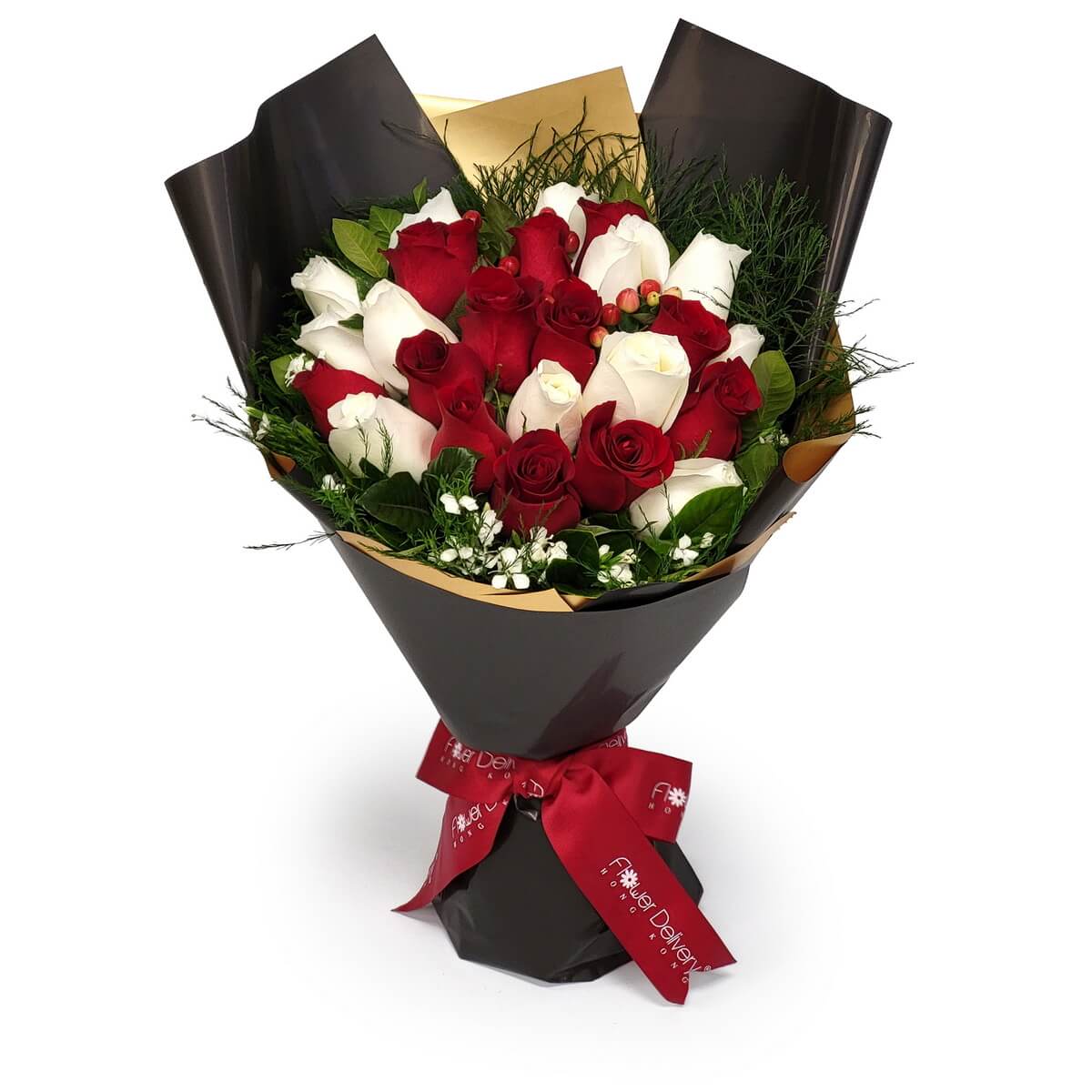 Elegant bouquet of red and white roses with green foliage, berry accents, and baby's breath, wrapped in black and gold film and tied with a red satin ribbon | 紅白玫瑰配綠葉、滿天星與紅果，黑金包裝紙包裹，紅絲帶點綴，高貴典雅