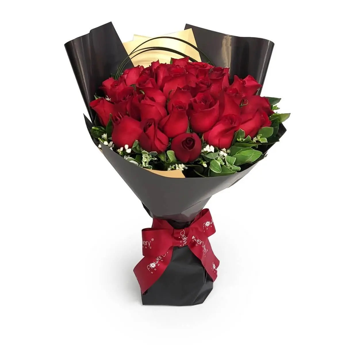 Tightly packed red roses with green foliage in a bouquet wrapped in glossy black and gold paper, finished with a red ribbon | 飽滿紅玫瑰與翠綠葉材緊密結合，包裹於黑金光澤紙內，紅色絲帶束口，色彩鮮明層次分明。
