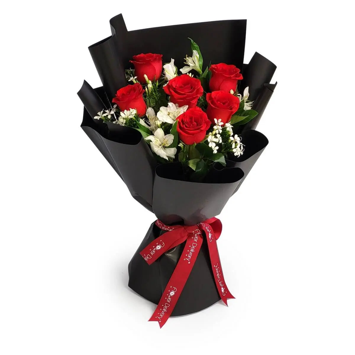 Elegant bouquet featuring red roses, white alstroemeria, and lush foliage, wrapped in sleek black paper and tied with a red ribbon | 優雅花束配紅玫瑰、白六出花與綠葉，黑色包裝配紅絲帶
