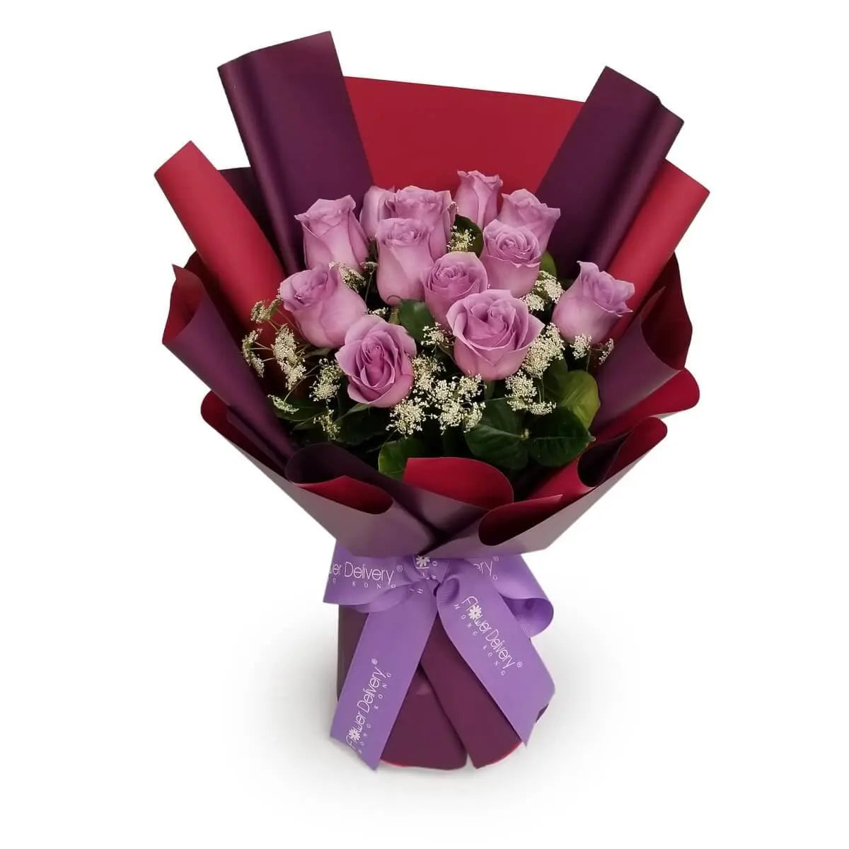 Arrangement of light purple roses with delicate white filler flowers in layered burgundy and plum wrap | 淡紫玫瑰襯白色碎花，紅與紫色雙層包裝紙，綁紫色絲帶